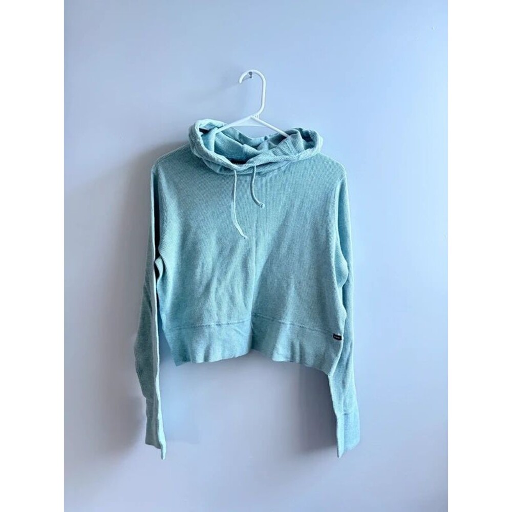 prAna Cropped Waffle Thermal Hoodie L Mint Blue Cowl Neck, fall, athleisure, gym